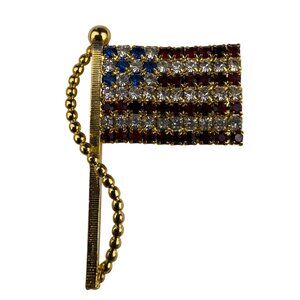 Jewlart Women Gold Tone Crystal Flag Brooch Pin Rhinestone USA Design